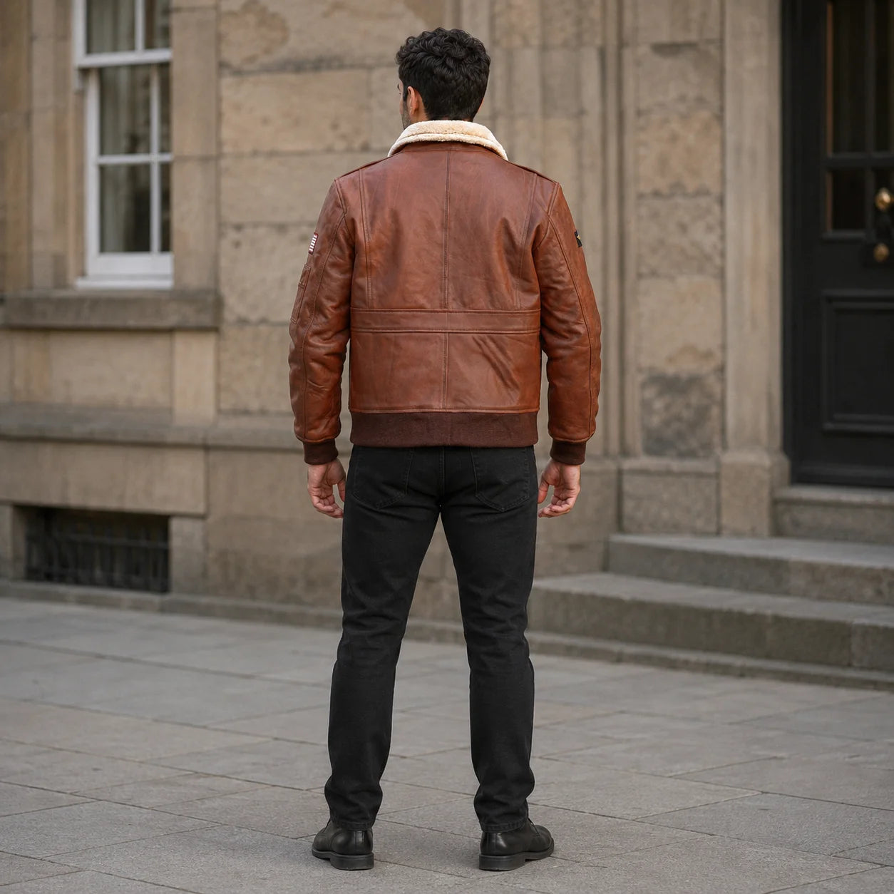 Rear view of brown leather flight bomber showing clean panelled back, cream collar, ribbed waistband and cuffs
