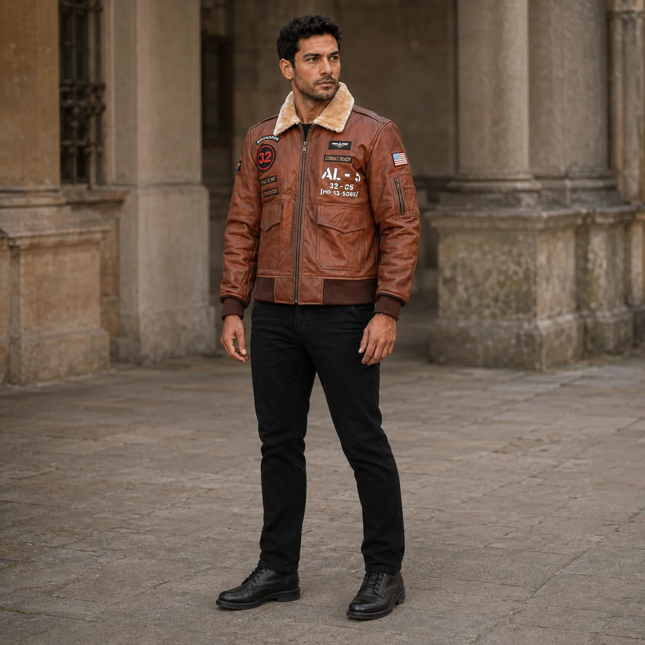 Full-length outdoor view of brown patched flight jacket with shearling-style collar, zip front and black jeans