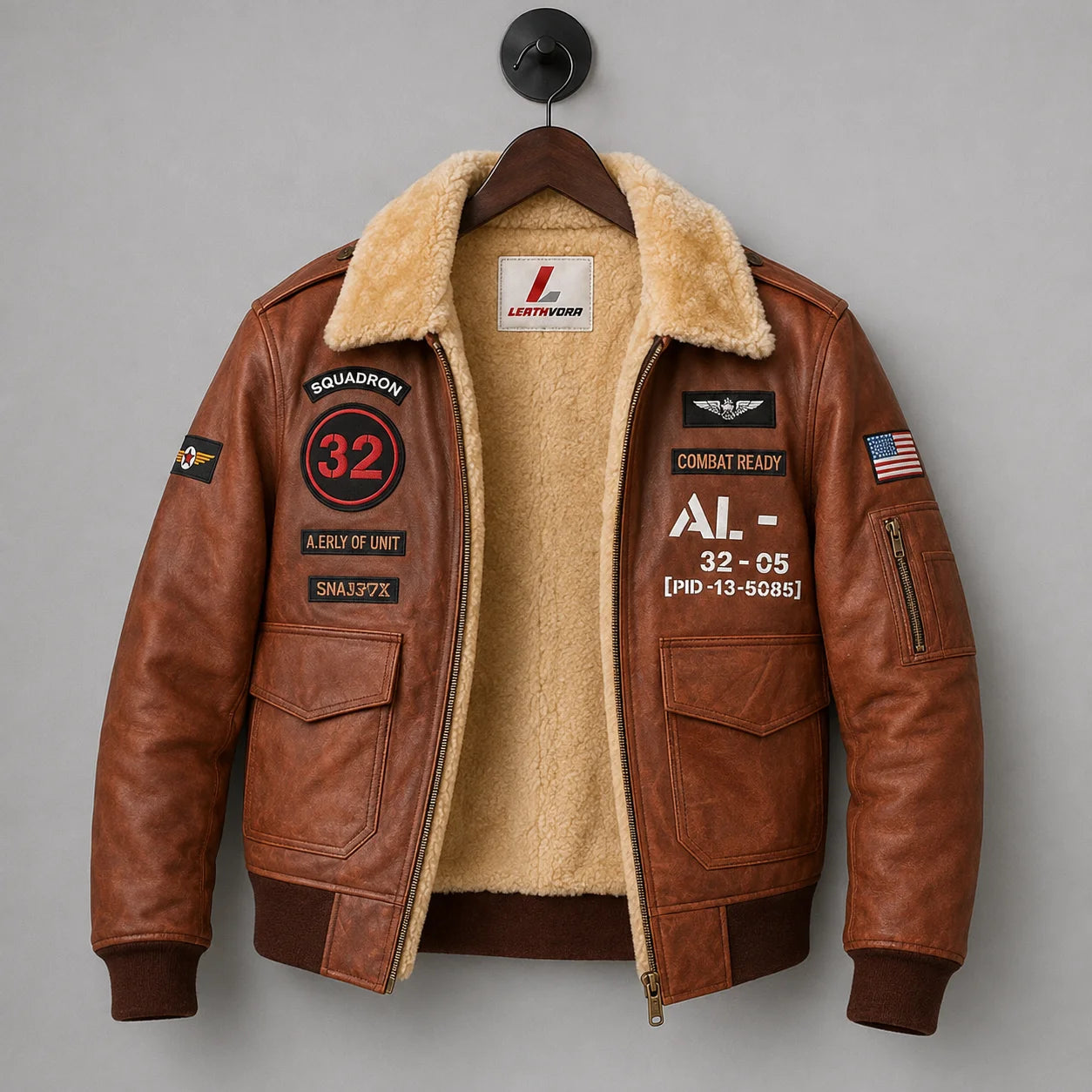 Hanging front view of brown aviator jacket showing cream interior, military-style patches and large flap pockets