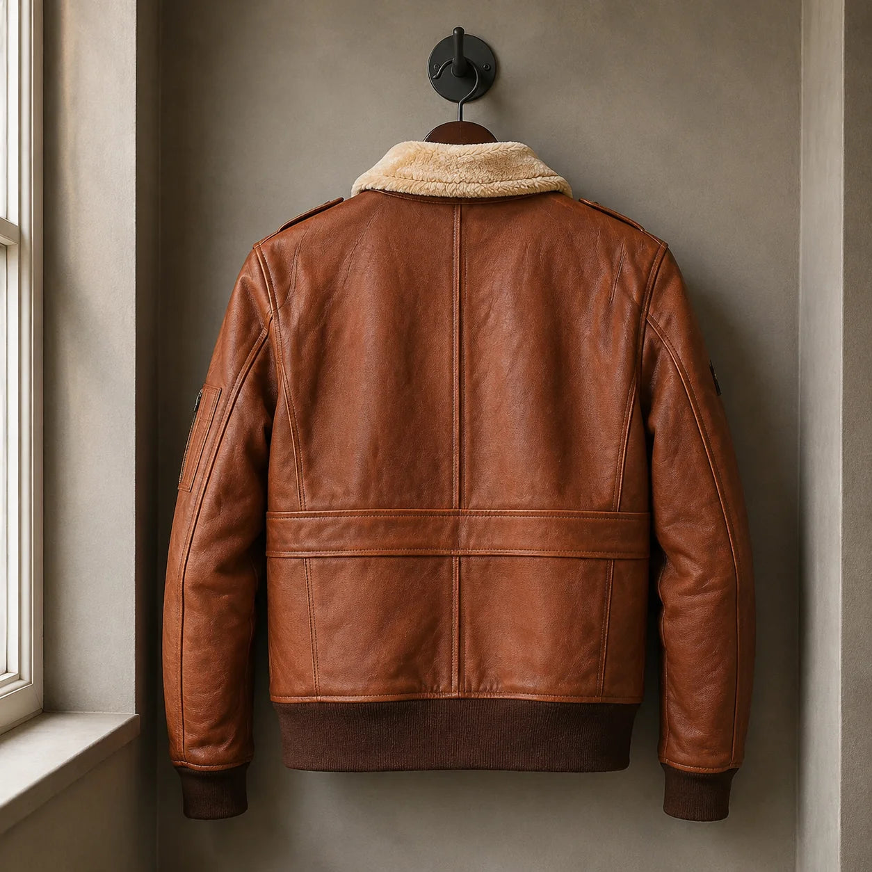 Hanging rear view of brown leather bomber jacket with plain panelled back, cream collar and dark rib-knit waistband