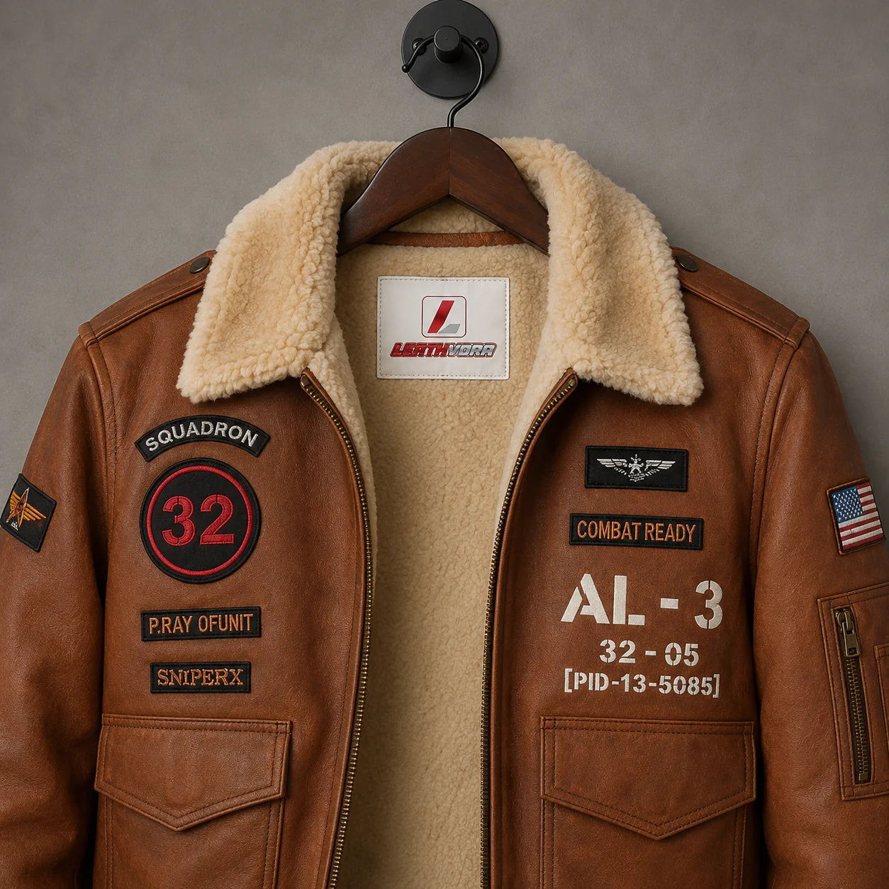 Close-up of brown aviator bomber showing cream collar, Leathvora neck patch, aviation patches and chest graphics
