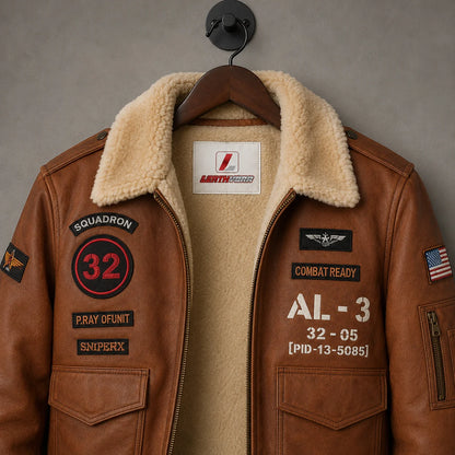 Close-up of brown aviator bomber showing cream collar, Leathvora neck patch, aviation patches and chest graphics