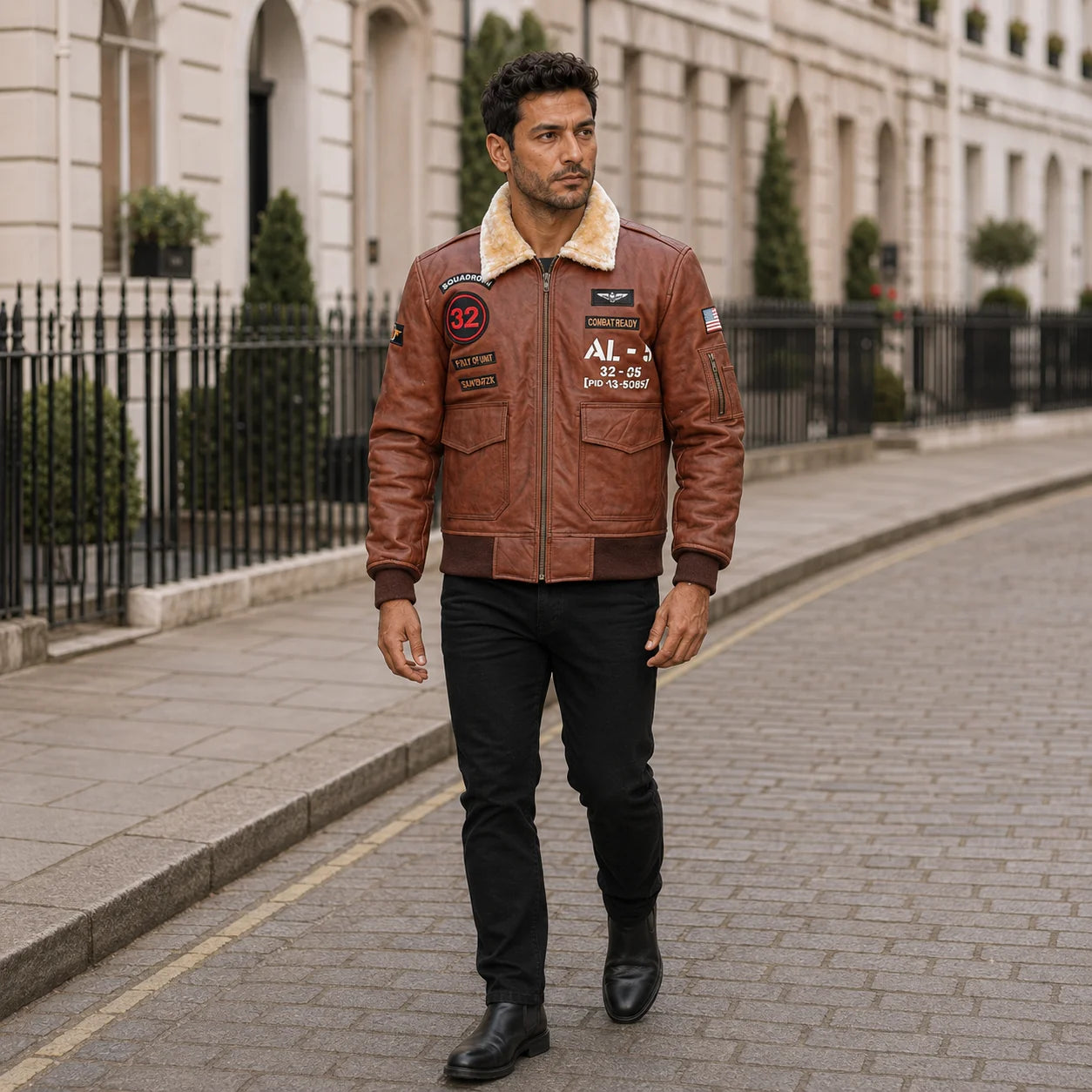 Outdoor menswear view highlighting the brown bomber silhouette, cream collar, chest patches and ribbed waistband