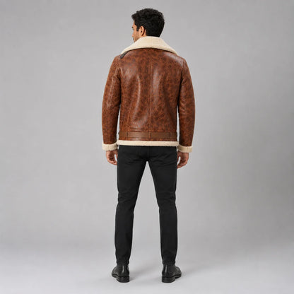 Rear studio view of brown aviator leather jacket showing cream collar and hem, centre construction and waist adjusters