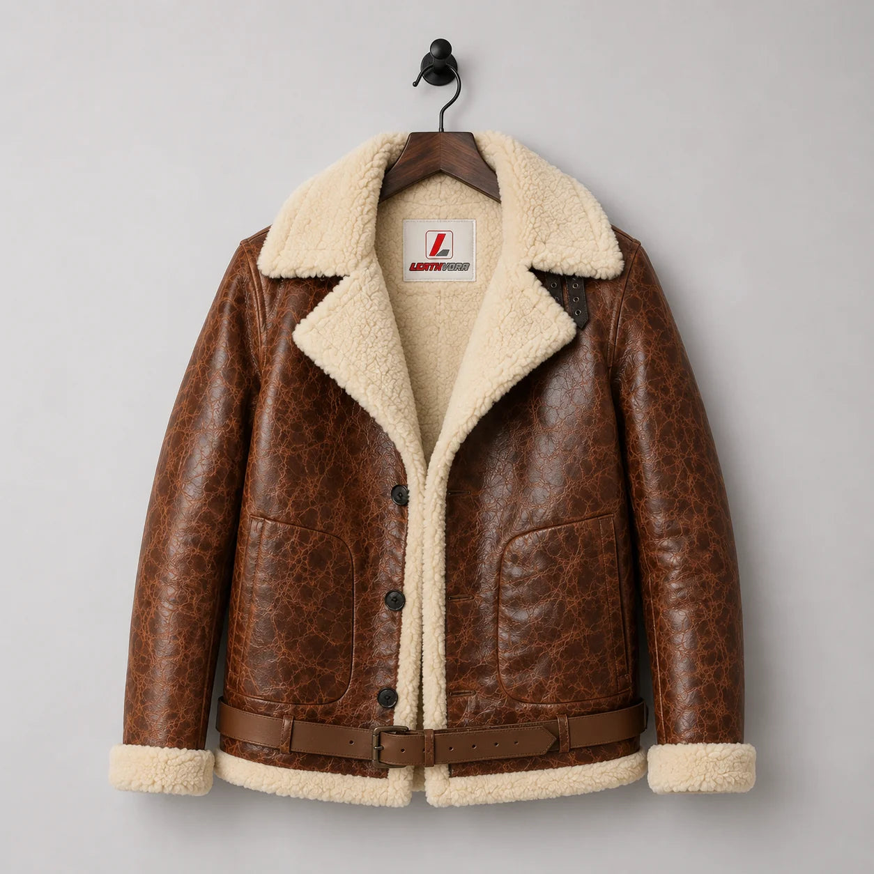 Hanging front view of brown sheepskin flight jacket with wide cream shearling collar, three buttons and large pockets