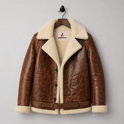 Hanging front view of brown sheepskin flight jacket with wide cream shearling collar, three buttons and large pockets