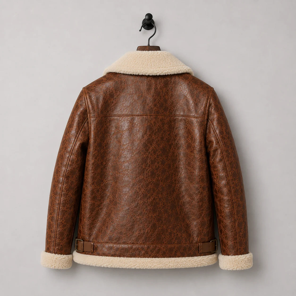 Hanging rear view of textured brown leather aviator jacket with cream collar, yoke seam and side waist buckle straps
