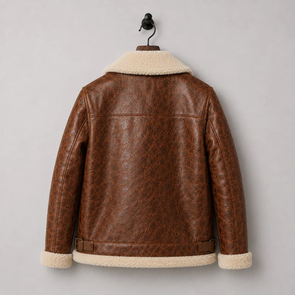 Hanging rear view of textured brown leather aviator jacket with cream collar, yoke seam and side waist buckle straps