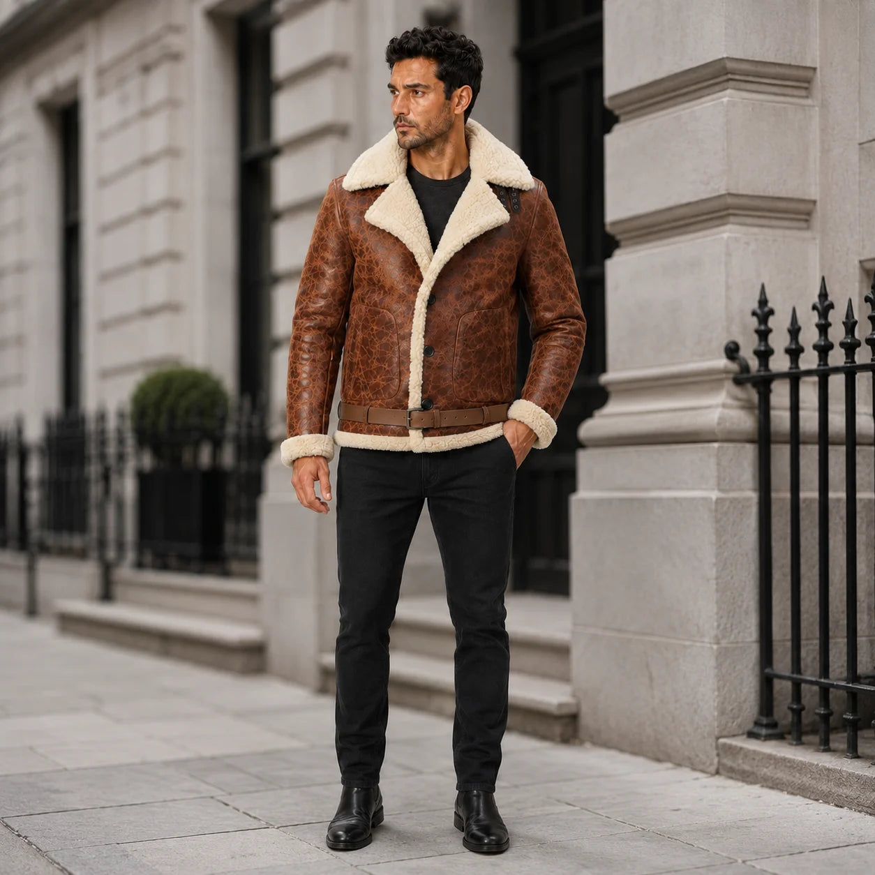 Outdoor lifestyle view of man in brown belted aviator jacket with cream shearling trim, black jeans and boots