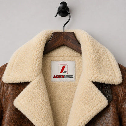 Close-up of cream shearling spread collar and interior with Leathvora neck patch on textured brown leather jacket