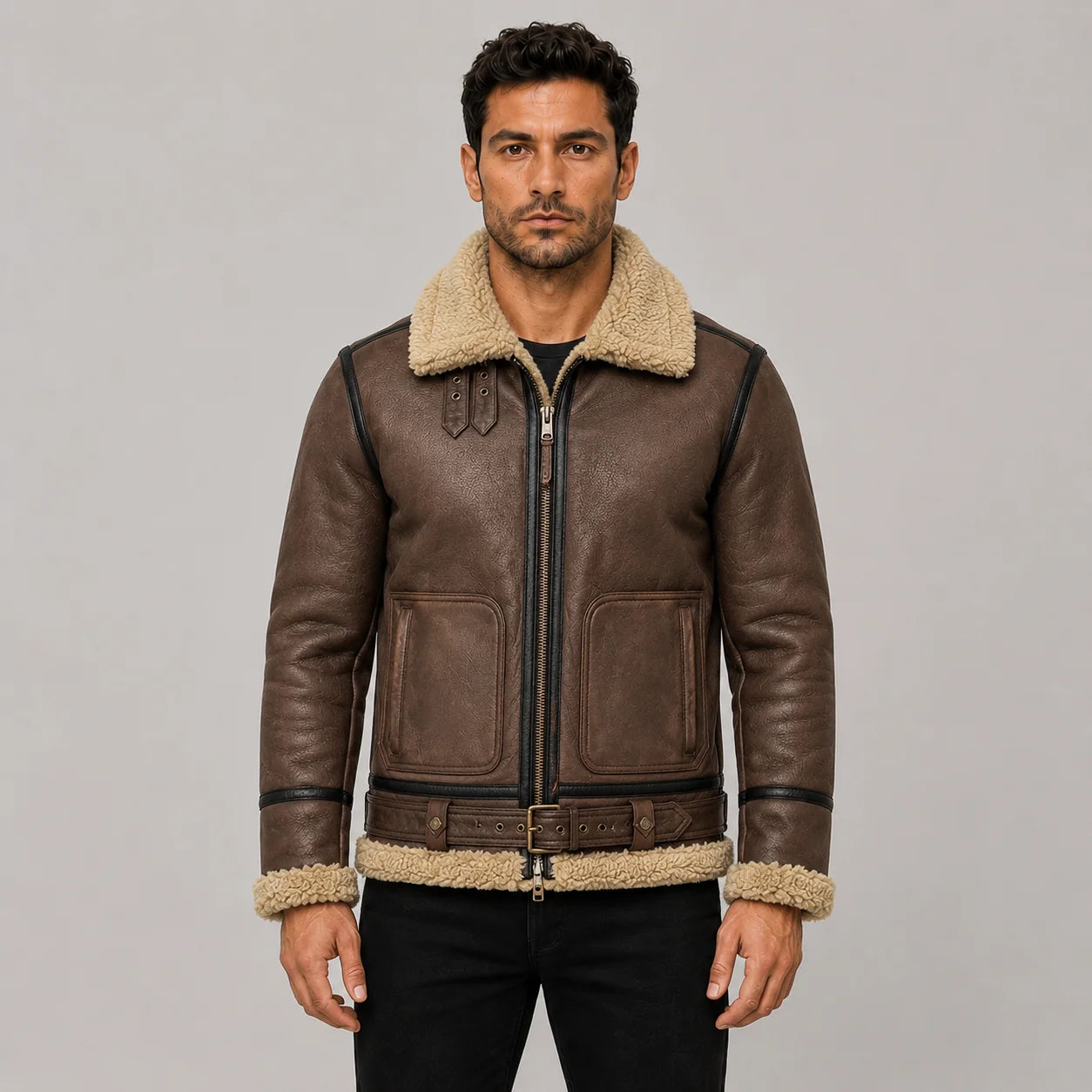 Front studio view of brown B3 sheepskin aviator jacket with cream collar, waist belt, large pockets and buckle cuffs
