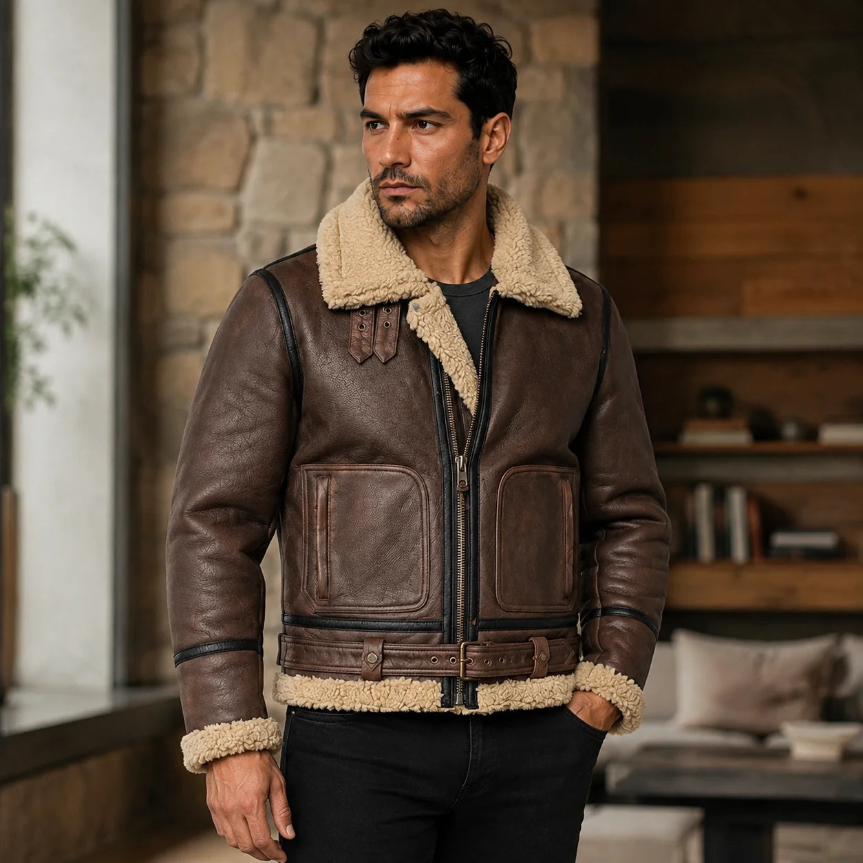 Front studio view of brown B3 sheepskin aviator jacket with cream collar, waist belt, large pockets and buckle cuffs