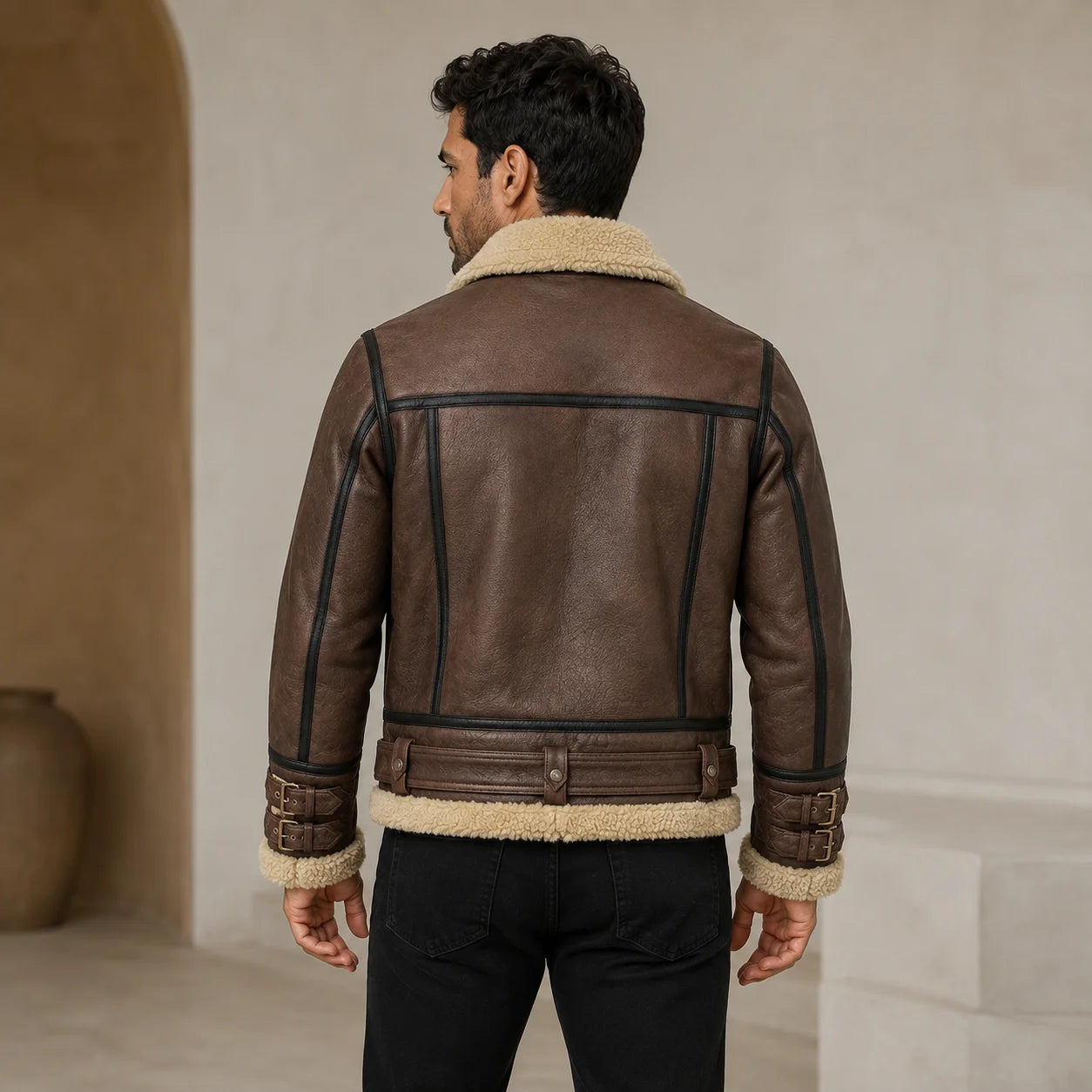Rear model view of brown B3 aviator jacket with cream collar and hem, contrast piping, belted waist and buckle cuffs