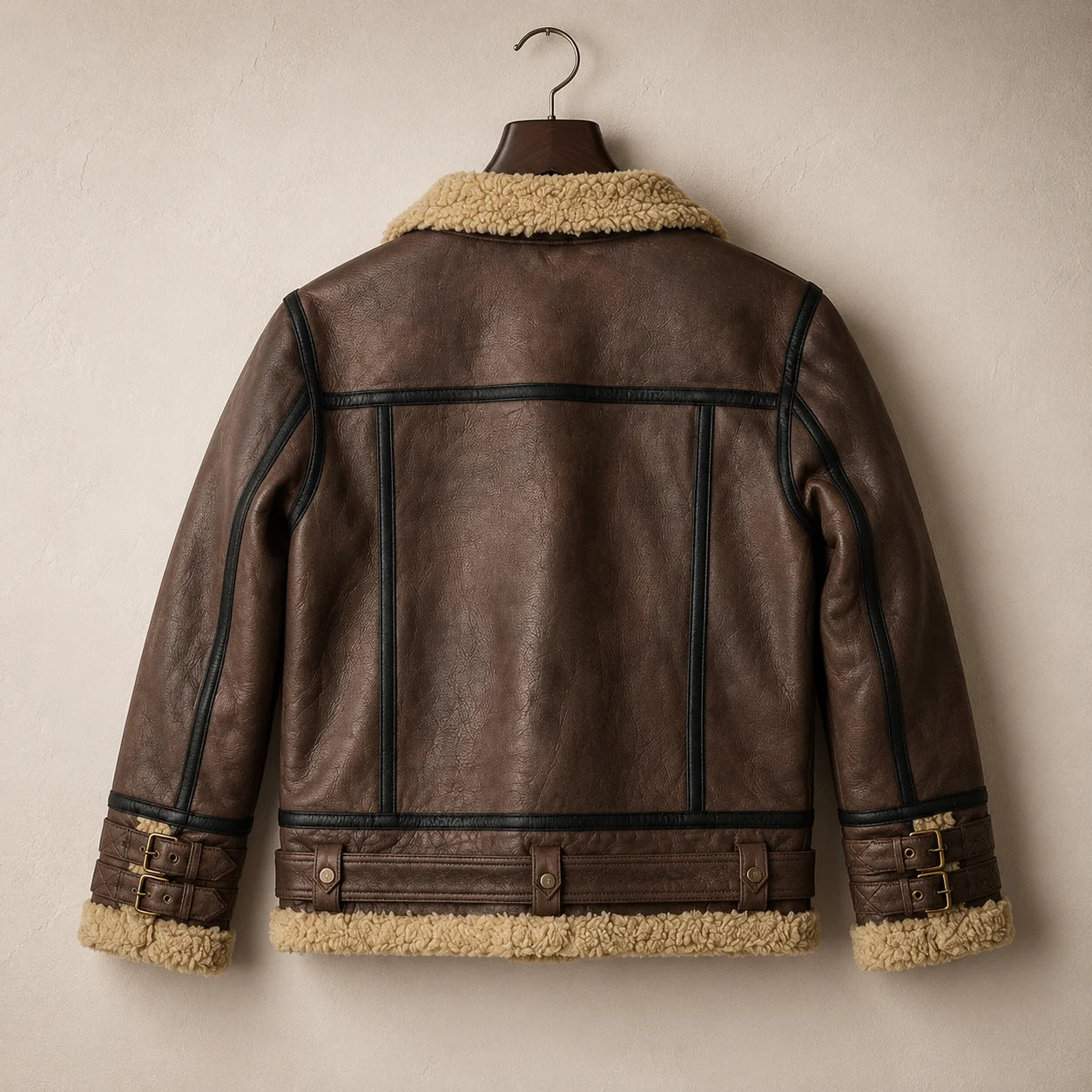 Hanging rear view of brown sheepskin jacket showing structured back panels, dark piping, waist belt and double cuff buckles