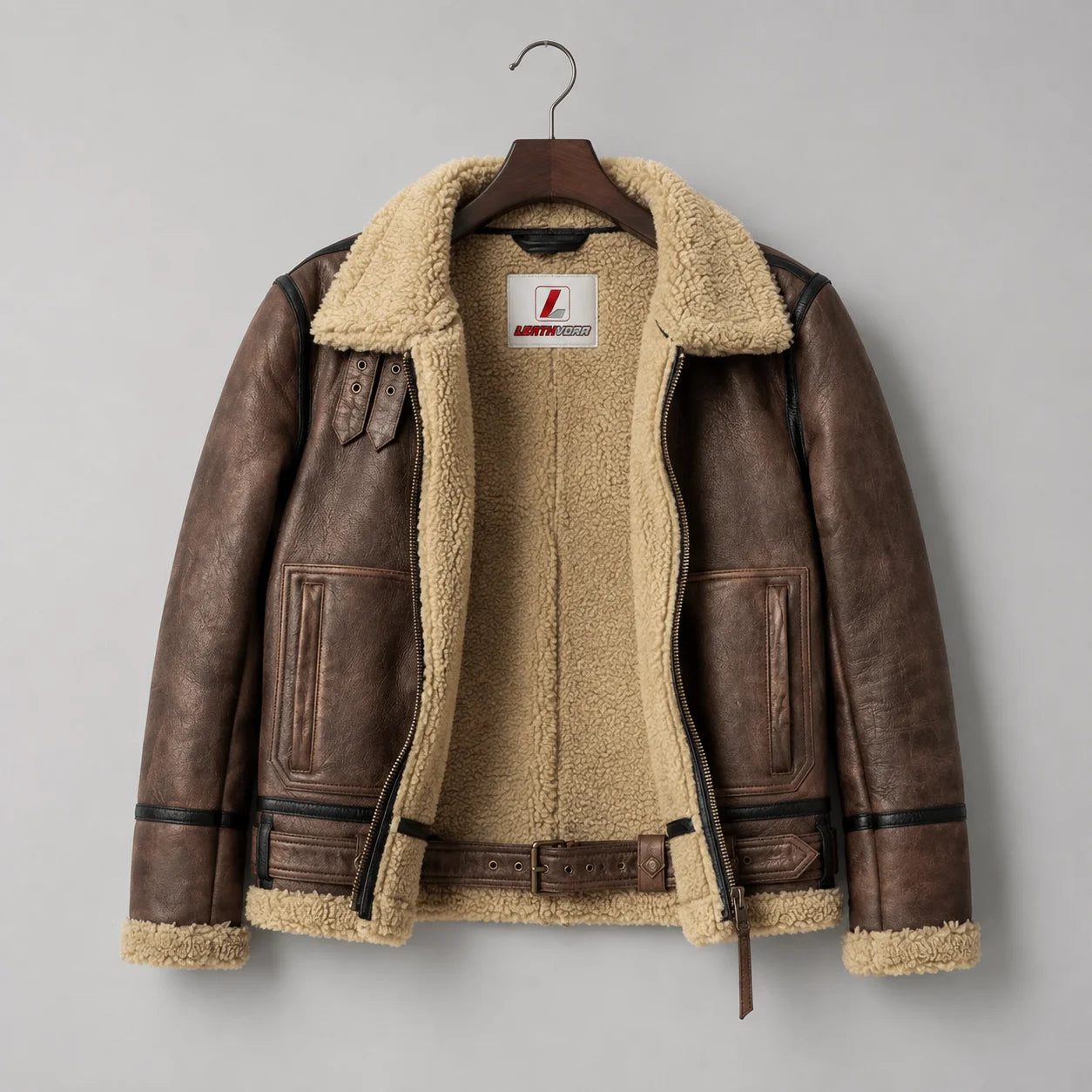 Hanging open front view of brown B3 jacket with cream fleece interior, collar straps, front pockets and leather waist belt
