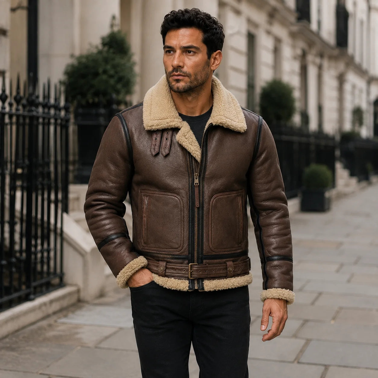 Men’s brown aviator jacket styled outdoors with black jeans, showing cream shearling collar, belt and patch pockets