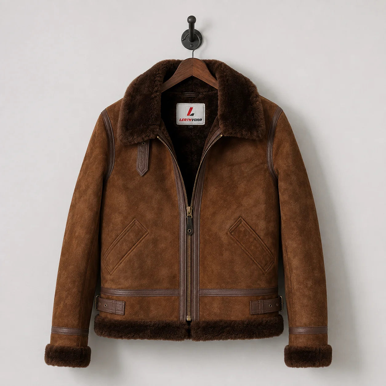 Front hanging view of men’s brown suede B3 jacket with chocolate shearling lining, side pockets and waist tabs