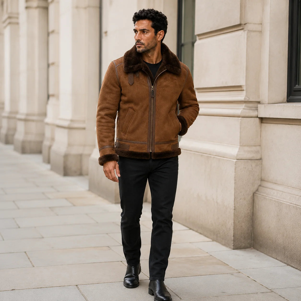 Outdoor lifestyle view of man wearing brown suede shearling bomber jacket with black jeans and leather boots