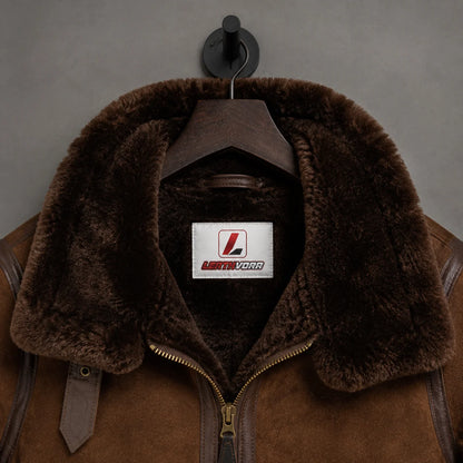 Close-up of chocolate shearling collar and lining with Leathvora label, suede texture and front zipper detail