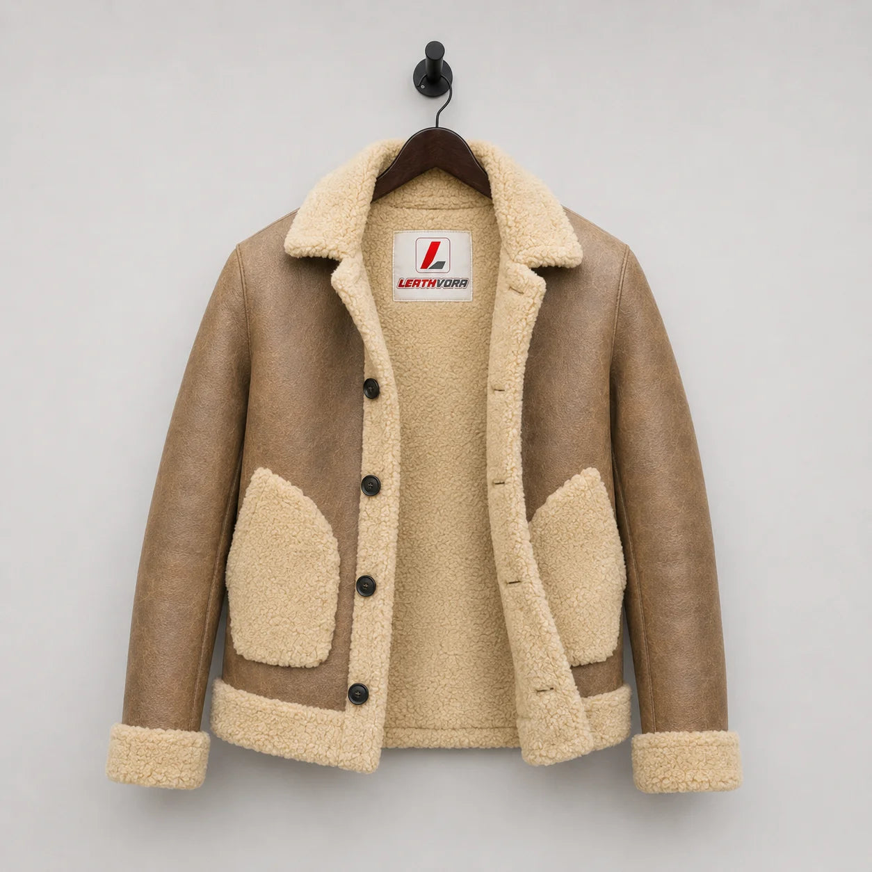 Hanging front view of brown sheepskin aviator jacket showing cream wool interior, patch pockets and dark buttons