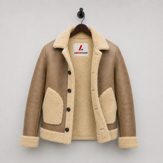 Hanging front view of brown sheepskin aviator jacket showing cream wool interior, patch pockets and dark buttons