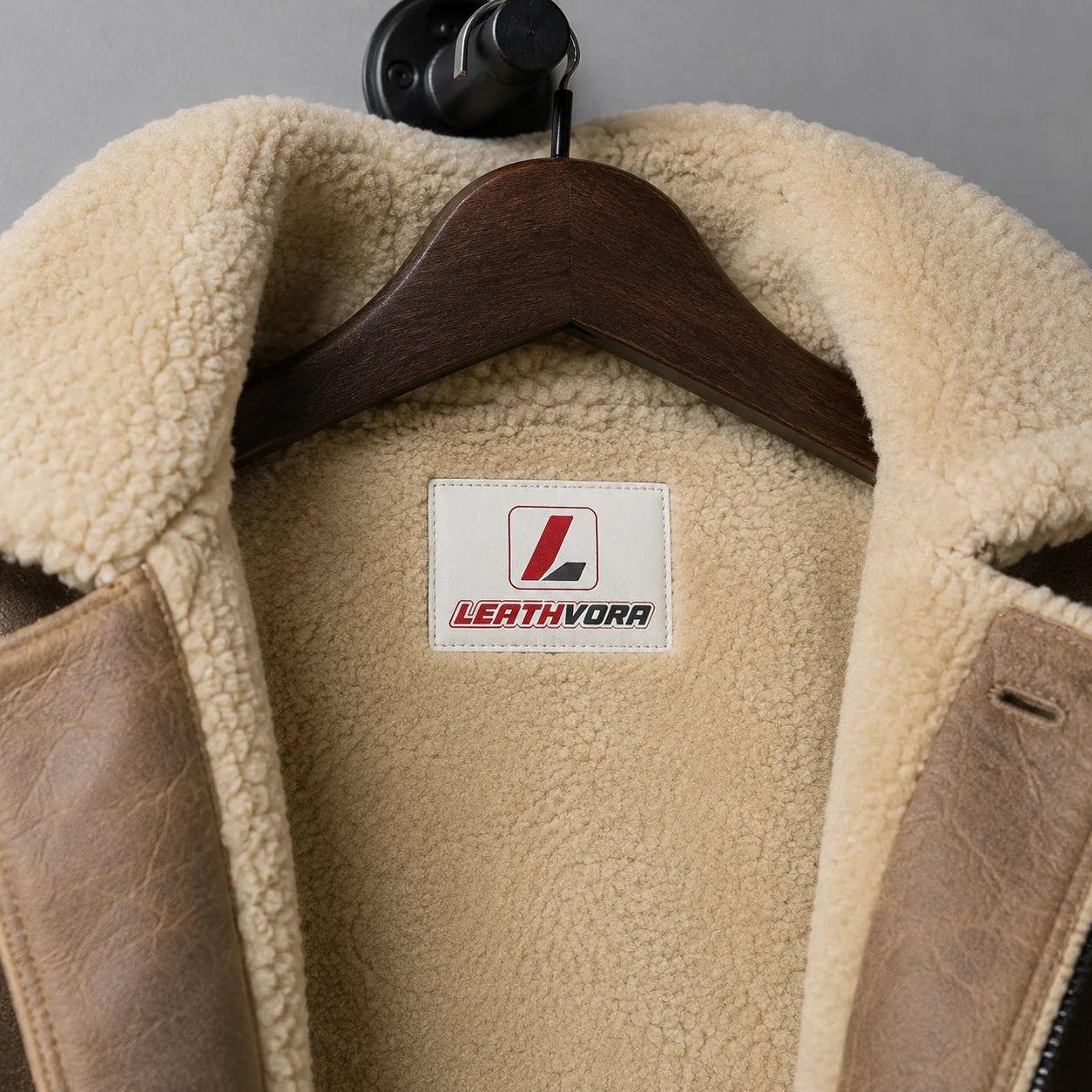 Close-up of cream wool collar and interior of camel brown sheepskin jacket with Leathvora neck branding