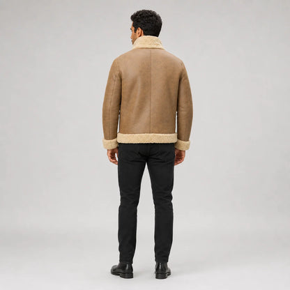 Back studio view of men’s camel brown B3 sheepskin jacket with cream collar, cuffs, hem trim and clean centre seam