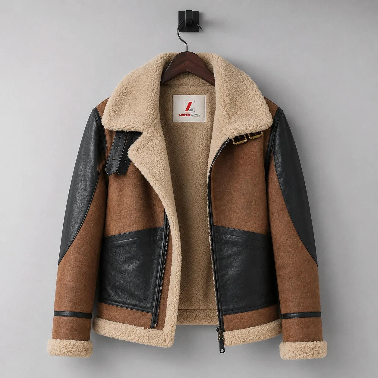 Front hanging view of brown suede aviator jacket showing shear lining, wide collar, side pockets, straps and zip closure