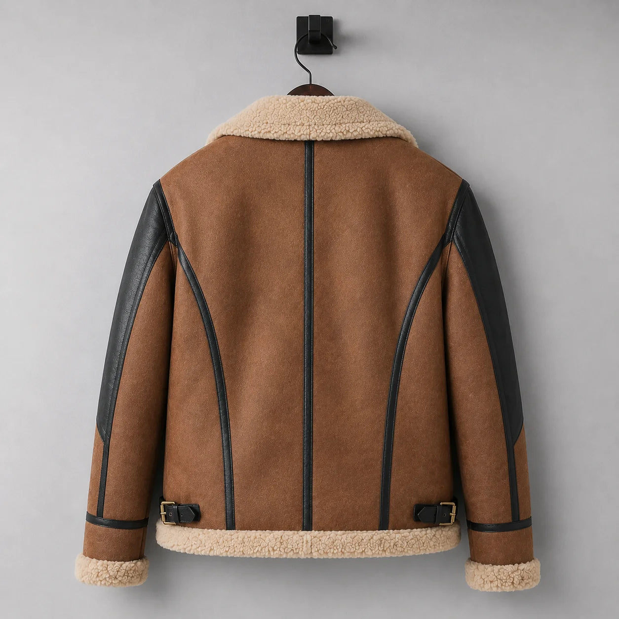 Hanging rear view of B3 suede jacket with centre back detail, curved black trim, shear waistband and side buckle straps