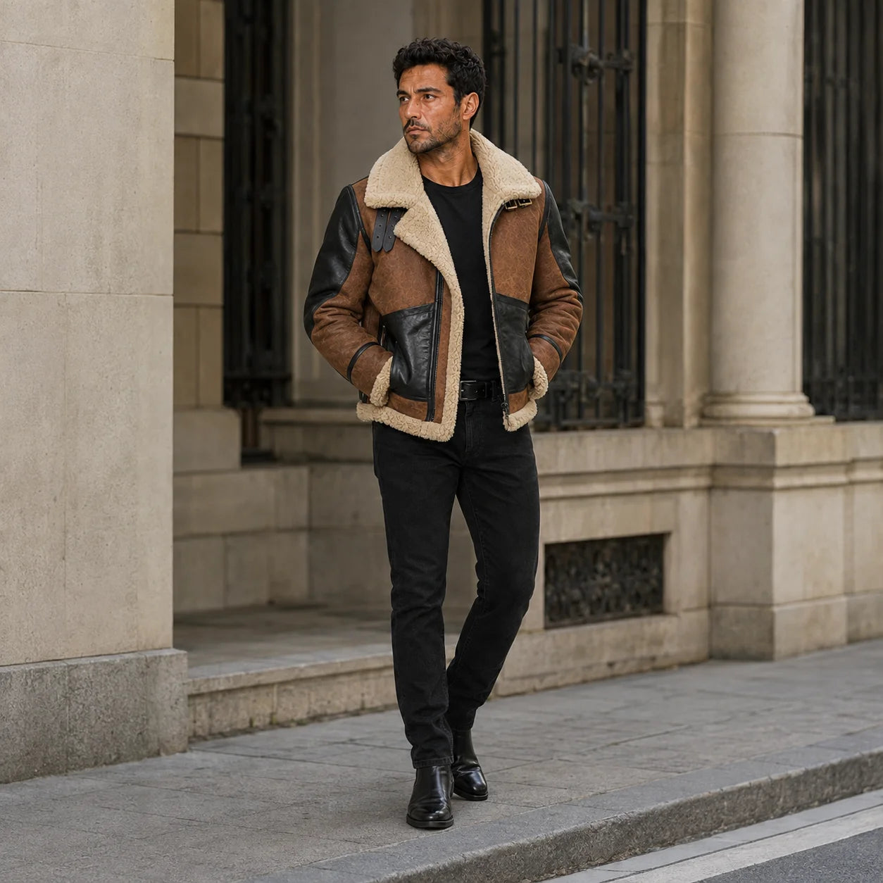 Men’s brown and black B3 suede aviator jacket styled outdoors with black jeans and boots for an autumn streetwear look