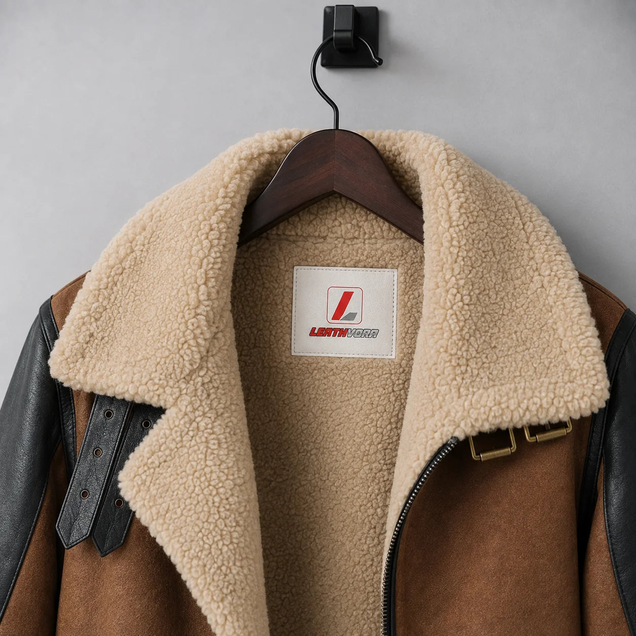 Close-up of cream shearling aviator collar, brown suede panels, black straps, zip detail and Leathvora inner neck label