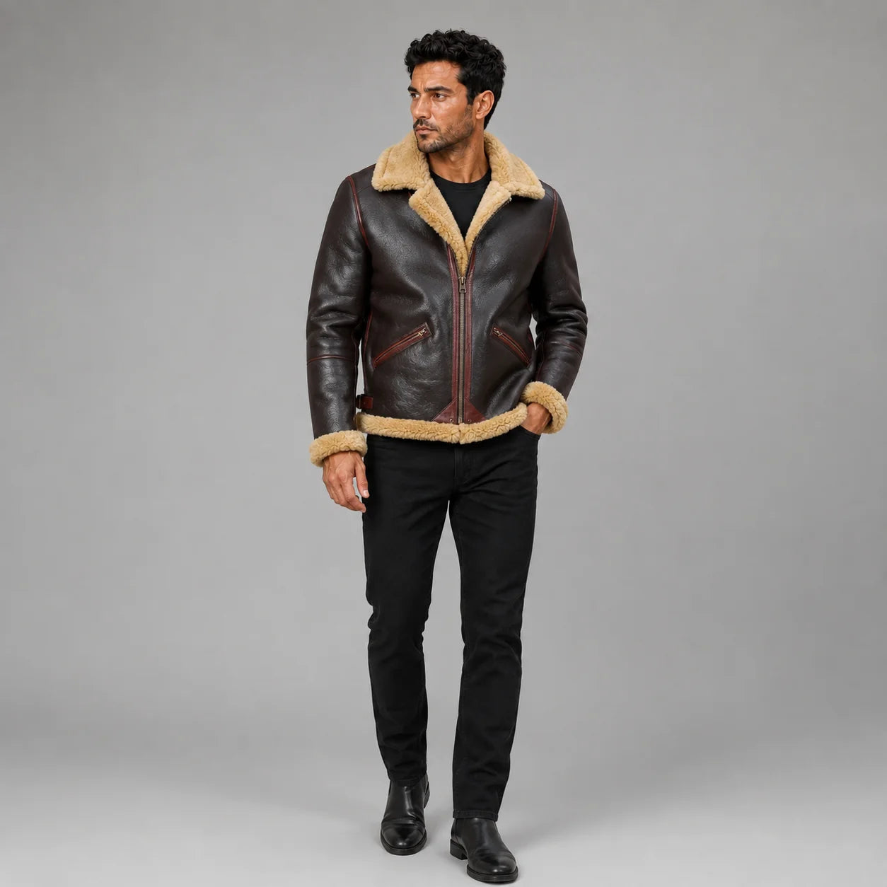 Front model view of dark brown aviator jacket with tan plush collar, contrast piping and two angled zip pockets