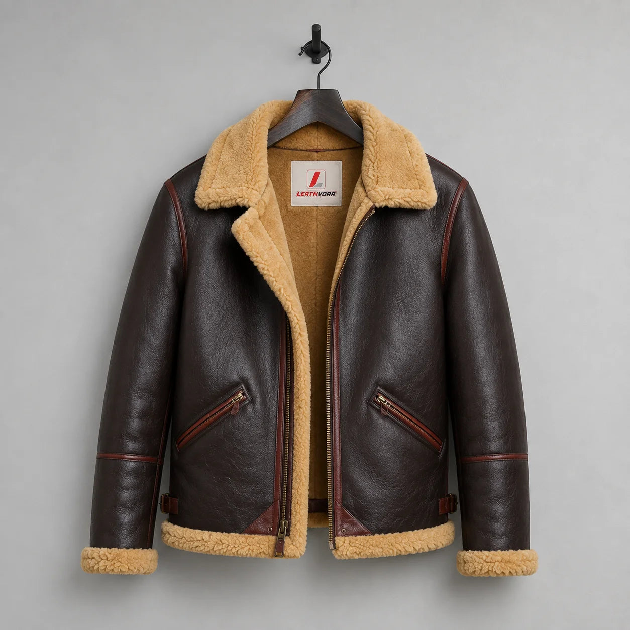 Hanging front view showing dark brown aviator jacket, tan plush lining, centre zip and contrasting pocket trim