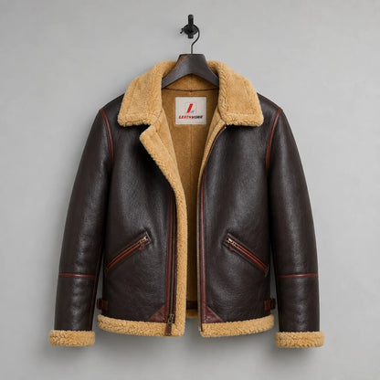 Hanging front view showing dark brown aviator jacket, tan plush lining, centre zip and contrasting pocket trim