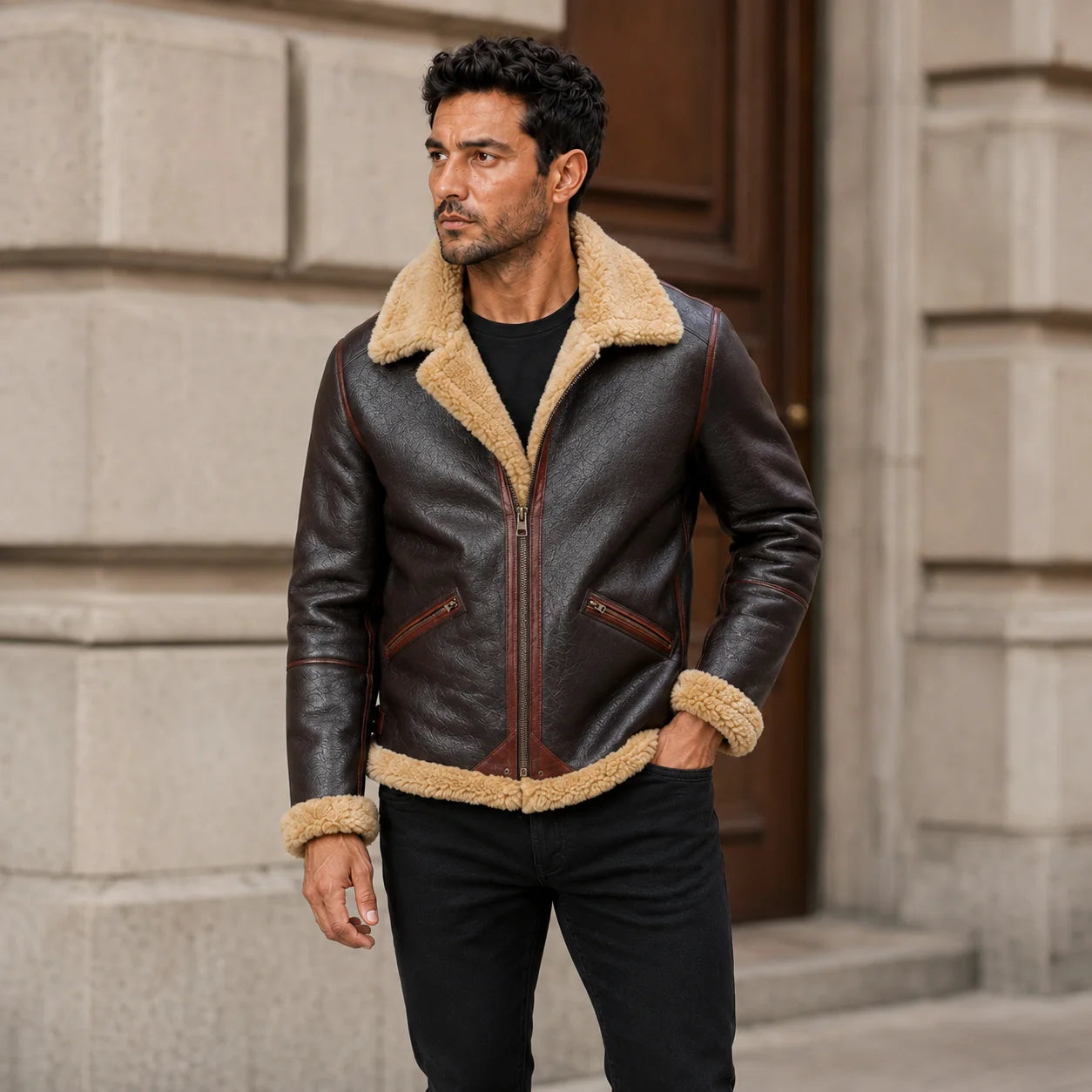 Man wearing dark brown aviator jacket with tan plush collar and zip pockets beside classic stone architecture