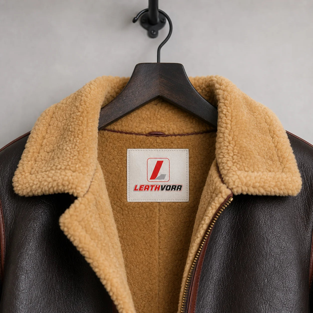 Close-up of tan plush aviator collar and interior against textured dark brown exterior with Leathvora label