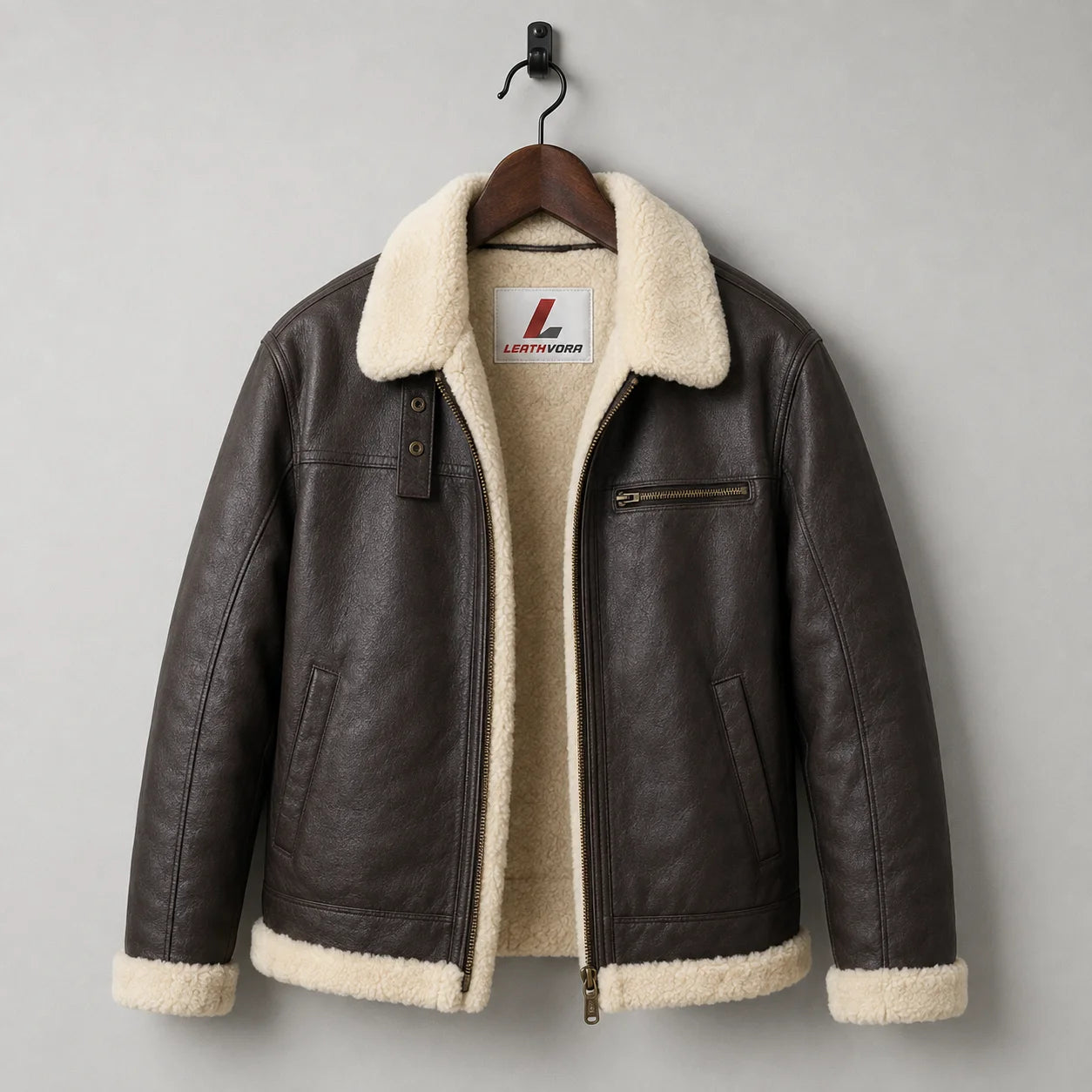 Hanging front view of brown B3 leather jacket showing cream lining, shearling collar, cuffs and exterior pockets.