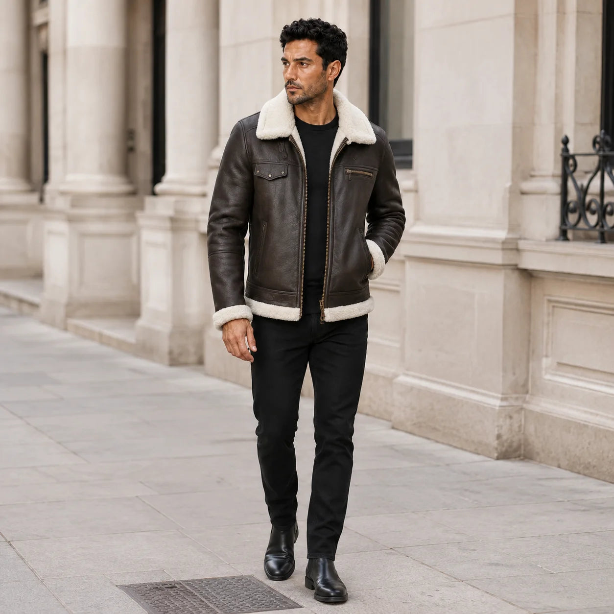 Outdoor lifestyle view of man wearing brown aviator bomber jacket with cream shearling trim and black jeans.