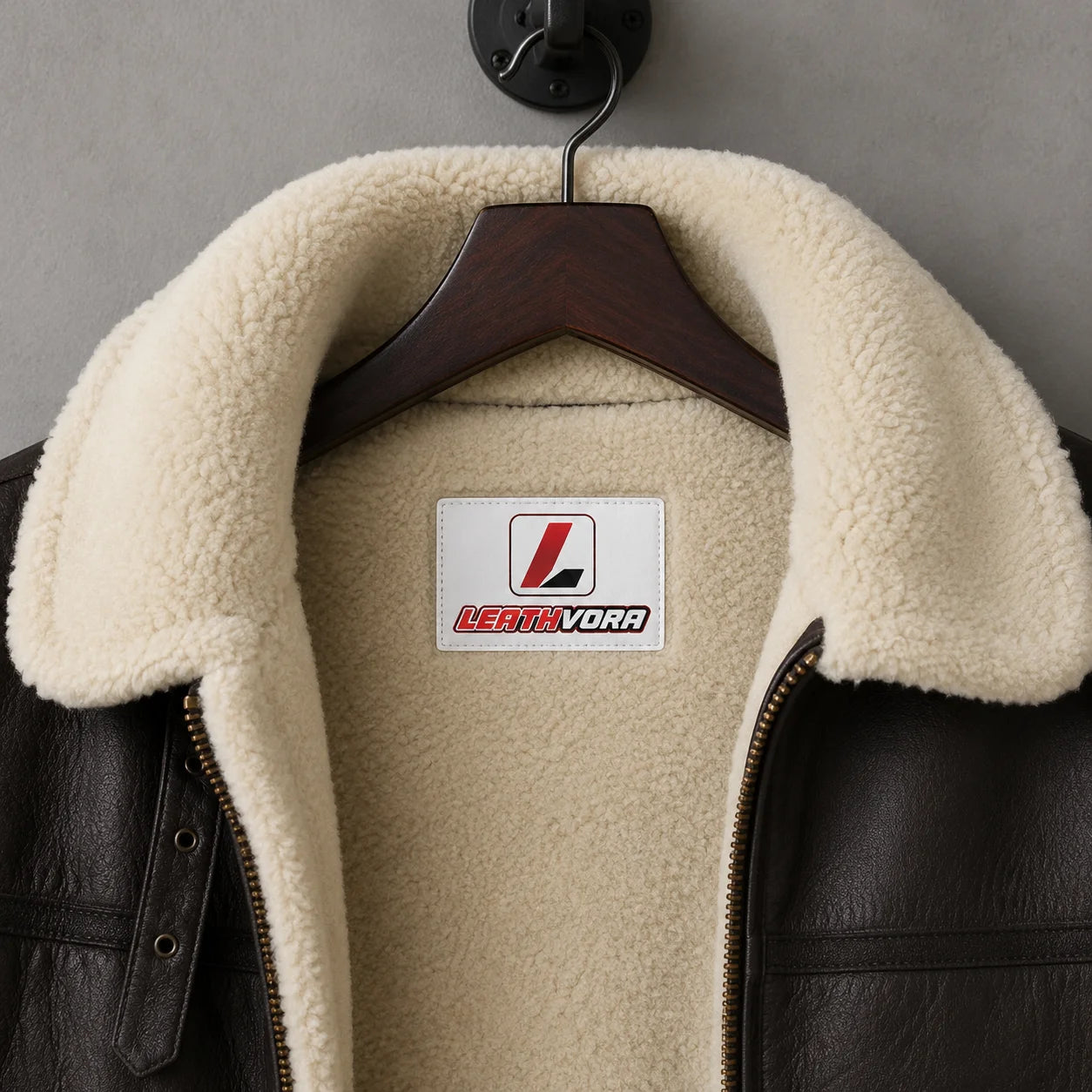 Close-up of cream shearling collar and lining inside dark brown leather bomber jacket with Leathvora neck label.