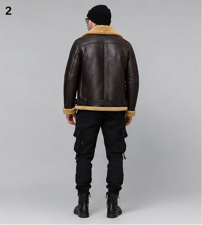 Rear model view of dark brown B3 sheepskin aviator jacket with tan collar, belted waist and matching cuff trim