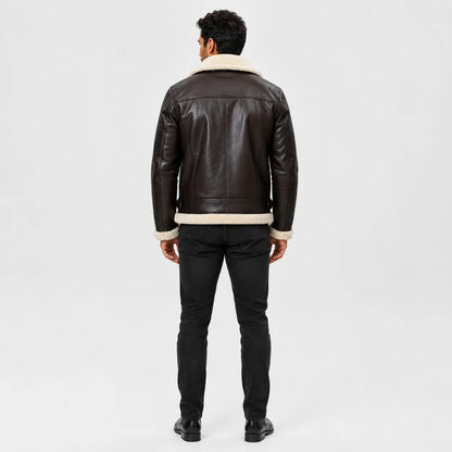Rear studio view of men’s dark brown B3 sheepskin aviator jacket with cream collar, panelled back and waist adjusters.