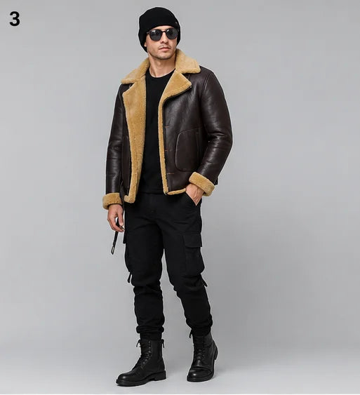 Three-quarter view of men’s brown flight jacket with tan shearling-style collar, front pockets and black cargo trousers