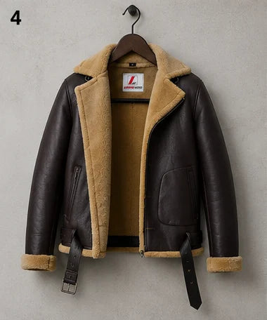 Hanging front view of dark brown B3 jacket showing tan lining, zip opening, two front pockets and long waist belt