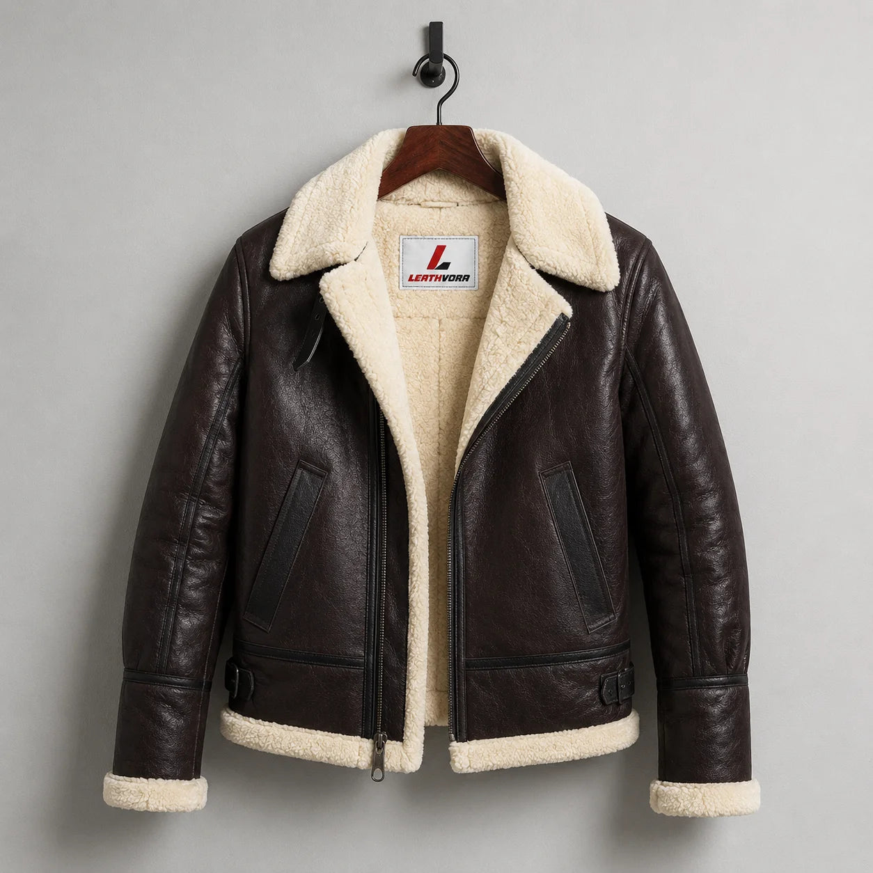 Hanging front view of dark brown B3 sheepskin aviator jacket showing cream lining, asymmetric zip and side pockets.