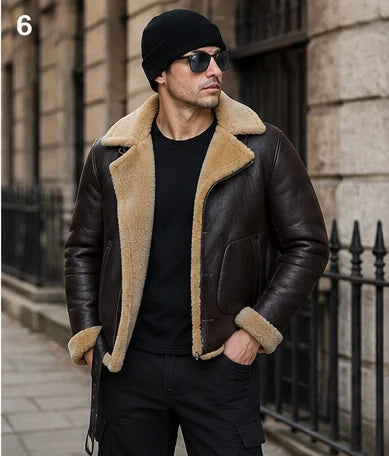 Outdoor lifestyle view of men’s dark brown aviator jacket with tan collar and cuffs styled with black cargo trousers