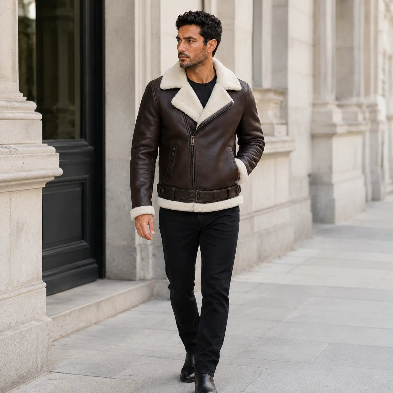 Outdoor lifestyle view of a man wearing a dark brown B3 aviator jacket with cream shearling trim and black trousers.