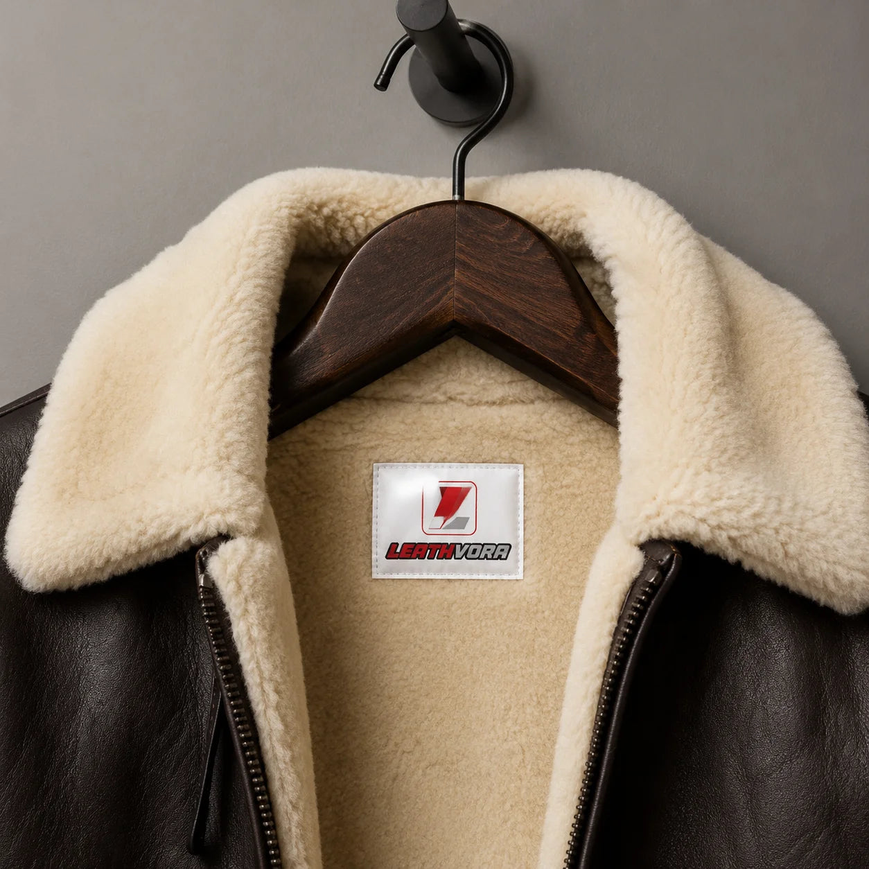 Close-up of cream shearling collar and plush lining on dark brown B3 aviator jacket with Leathvora neck label and zip detail.