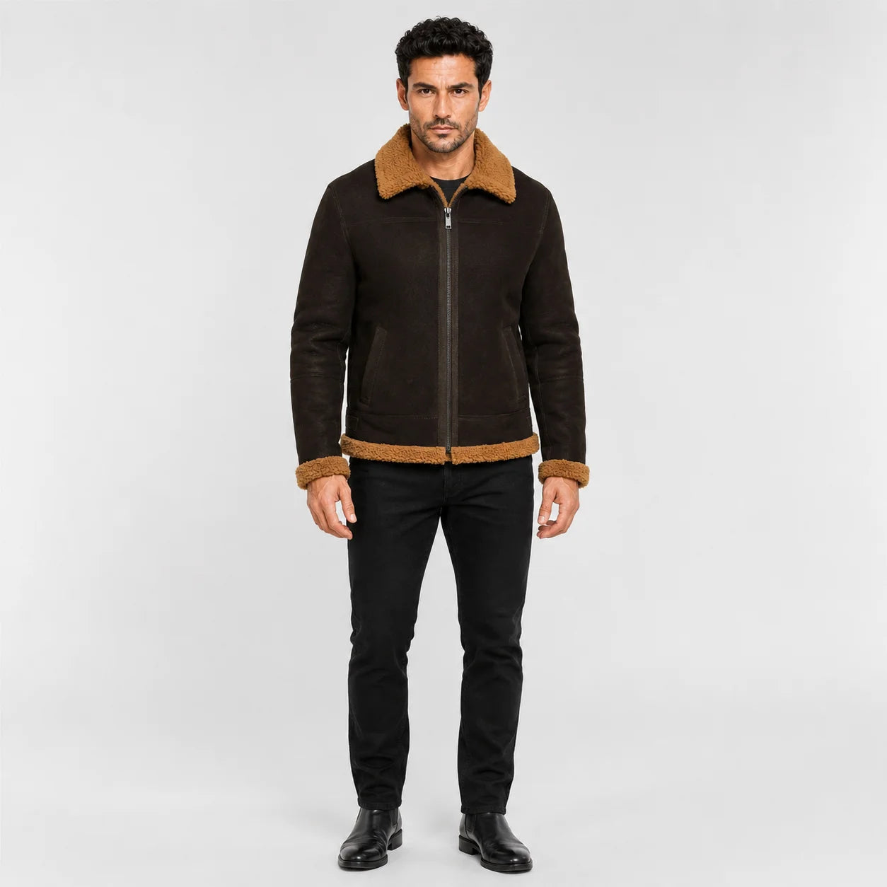 Front studio view of men’s dark brown aviator jacket with tan shearling collar, zip front, pockets and matching hem trim