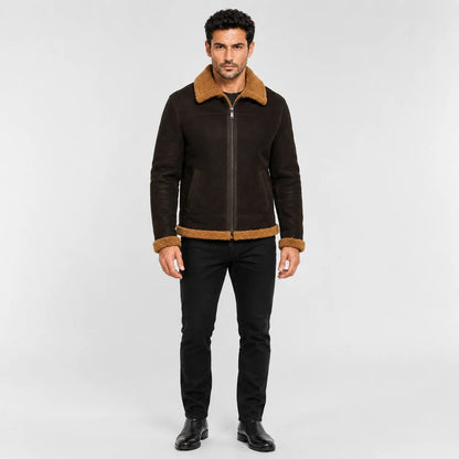 Front studio view of men’s dark brown aviator jacket with tan shearling collar, zip front, pockets and matching hem trim