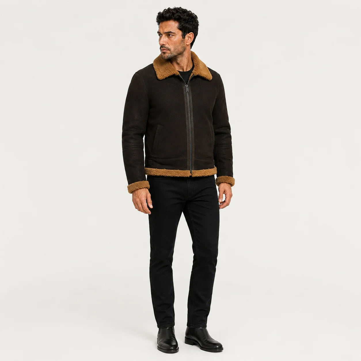 Three-quarter studio view of dark brown flight jacket with tan collar, front zipper and angled hand pockets